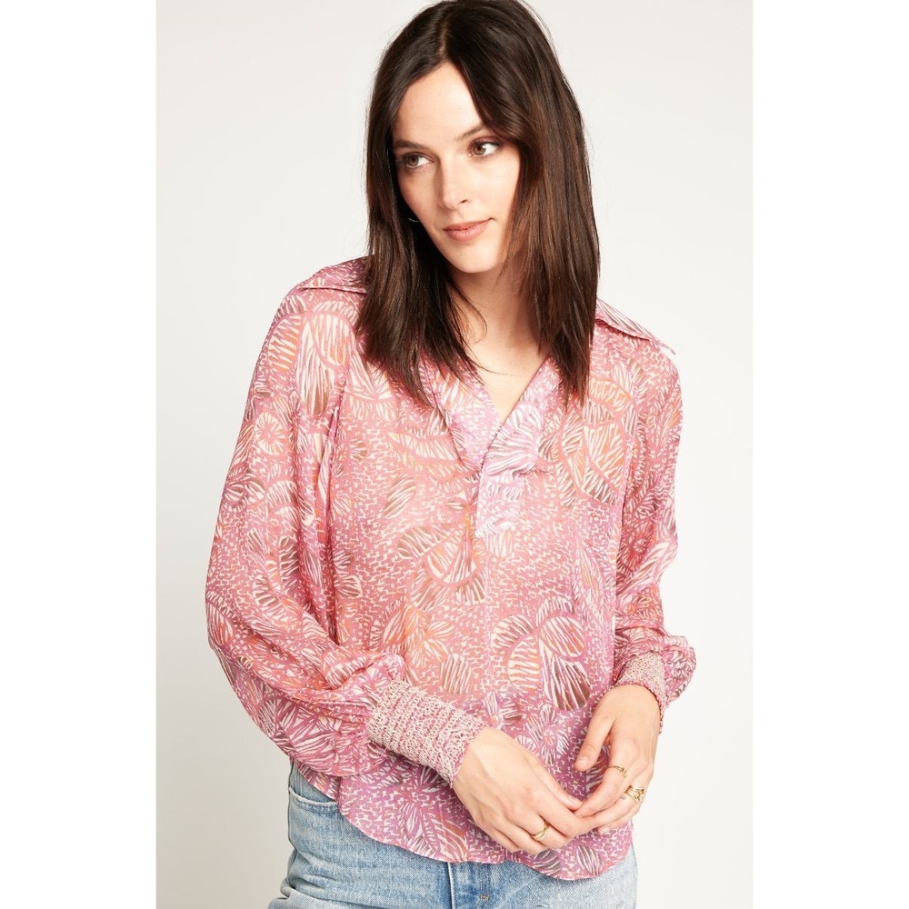 Joie Pink Orange Abstract Leaf Print Smocked Cuff Blouse T0257A0085 NWT
